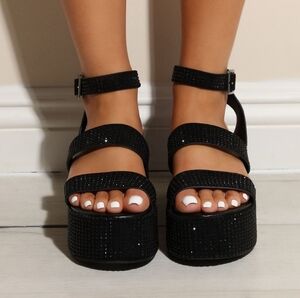 Fashion Nova Take You Back Black Rhinestone Flatforms NEW